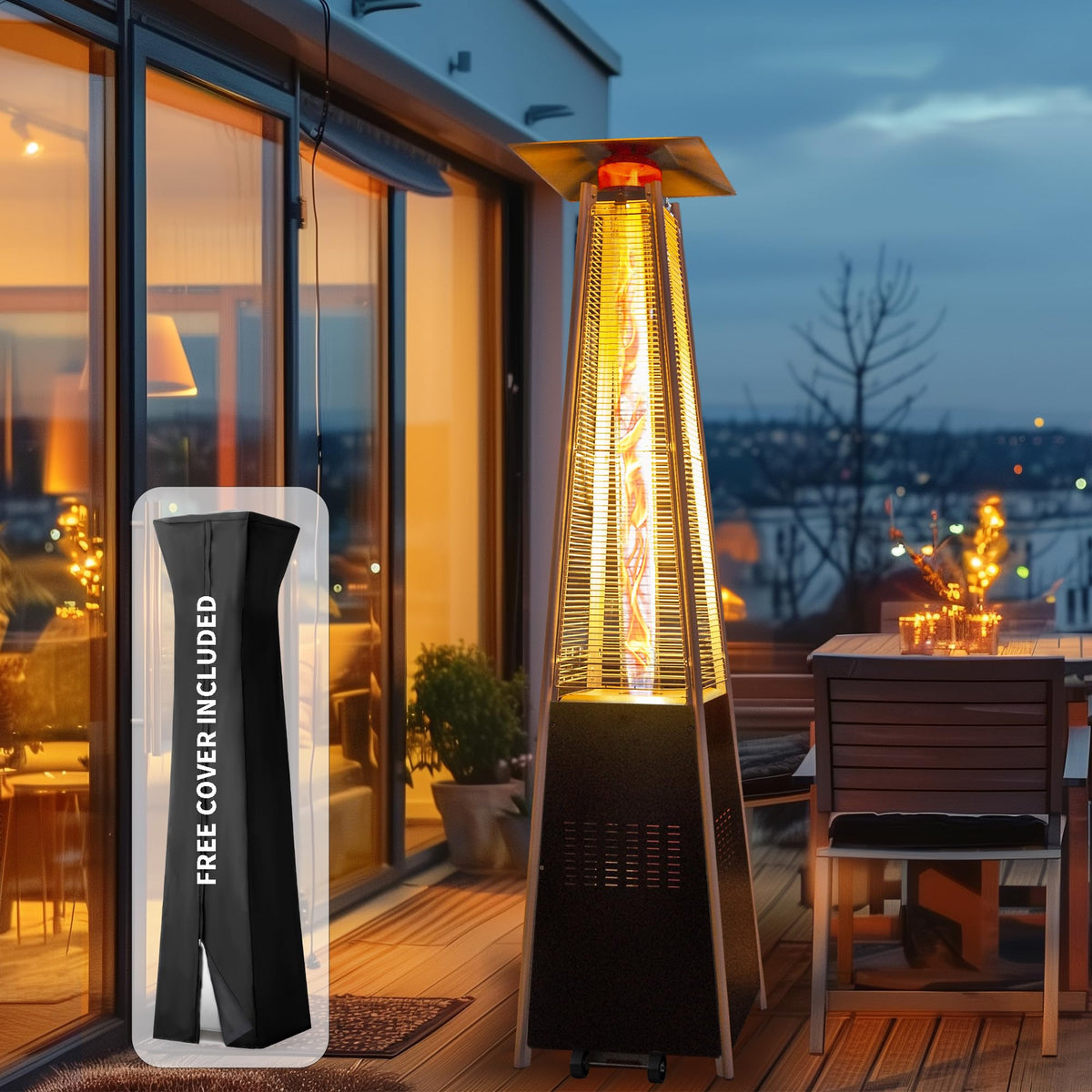 Flame Pyramid Pool Heater, Triple Safety Protection with Patio Cover, Warm Glass Tube Portable Heater with Durable