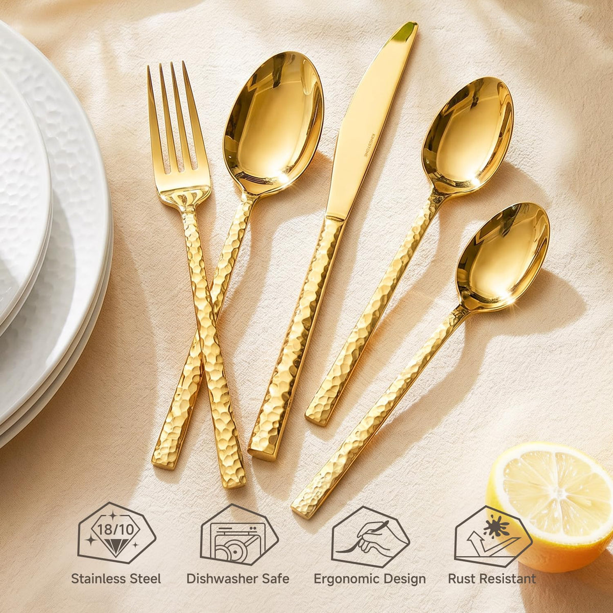20 Piece Gold Silverware Set, 18/10 Stainless Steel Hammered Flatware for 4