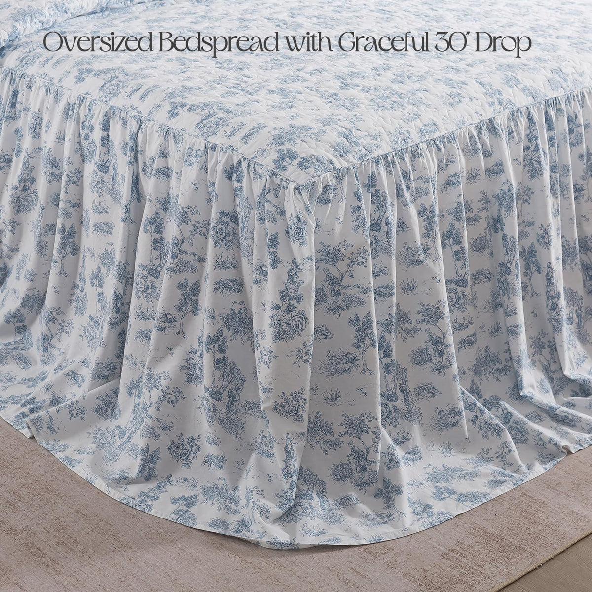 French Country Toile Cotton Bedspread Set Luxury Oversized Blue Toile Bedding, 3-Piece (Bedspread + 2 Quilted Shams)