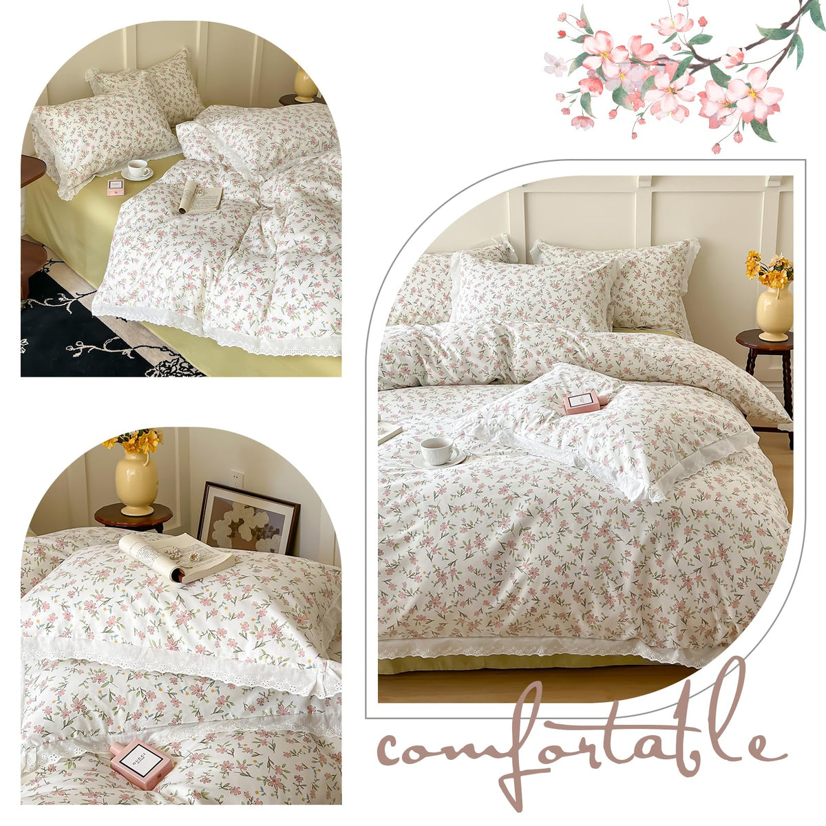 Girls Floral Ruffle Bedding Pink Flower Duvet Cover Queen Romantic Princess Lace Comforter Cover Cotton Boho Floral