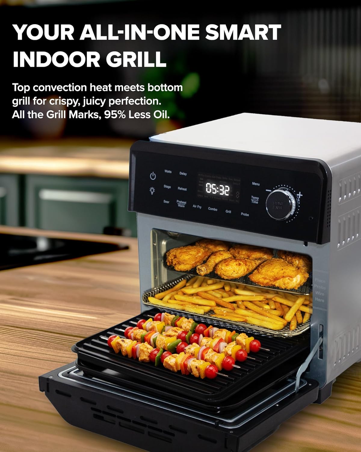 2026 Air Fryer Oven & Grill Comb, Plug-in Powered Grill Plate for True Char Flavor & Marks, 2-Layer Glass Door, Cooler