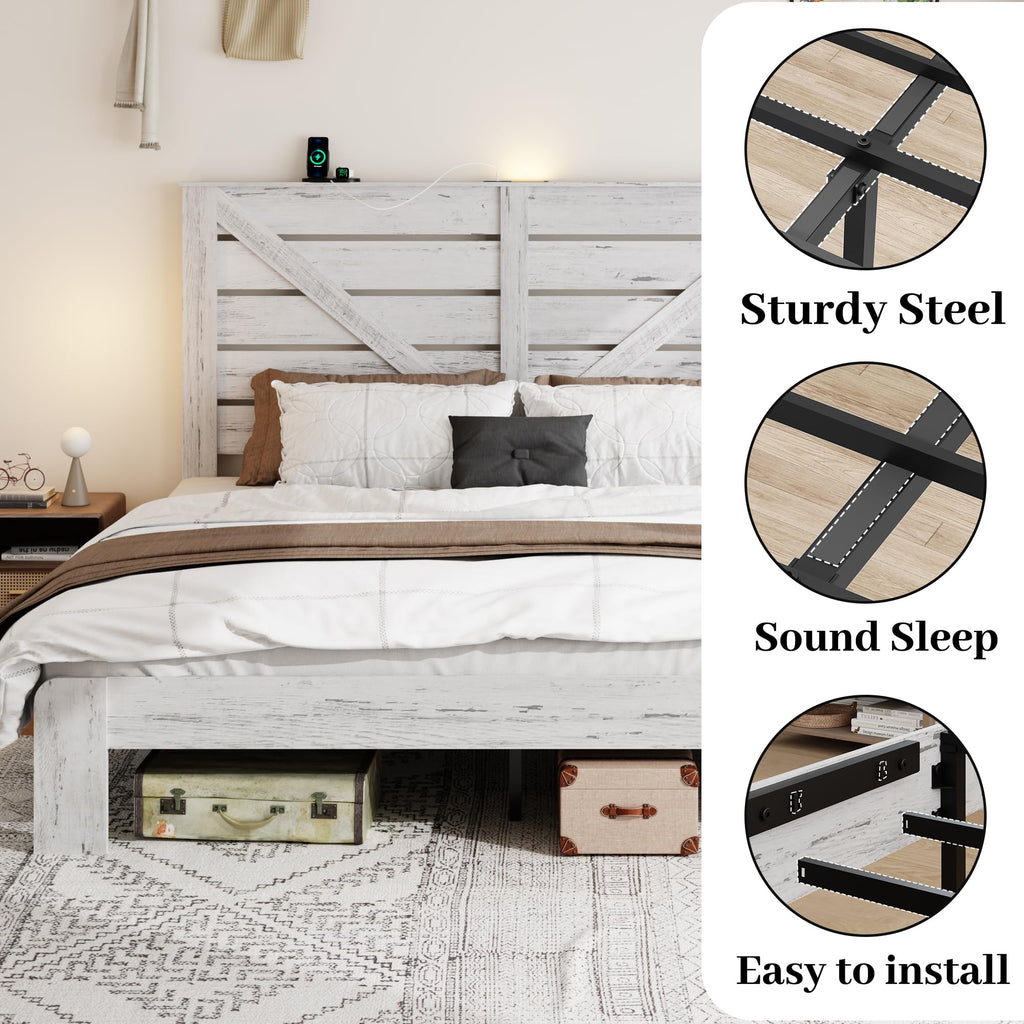 Farmhouse Bed Frame with Headboard, LED Lights, USB Charging