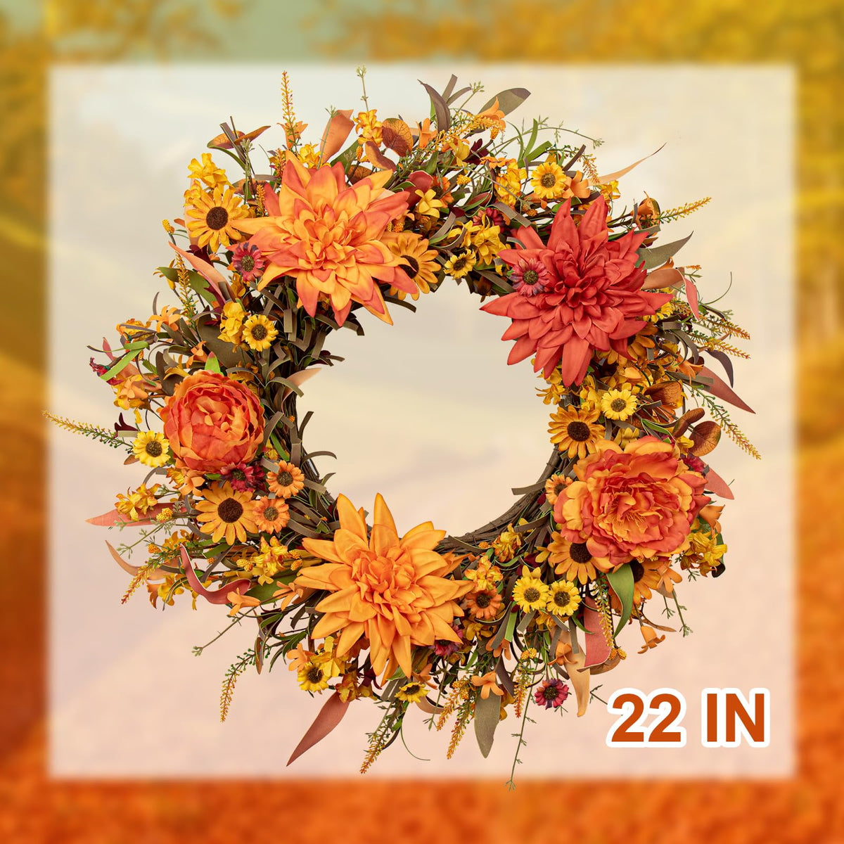 22 Inch Artificial Fall Wreath Autumn Wreaths for Front Door Thanksgiving Wreath with Peony Dahlia Daisy Flowers for