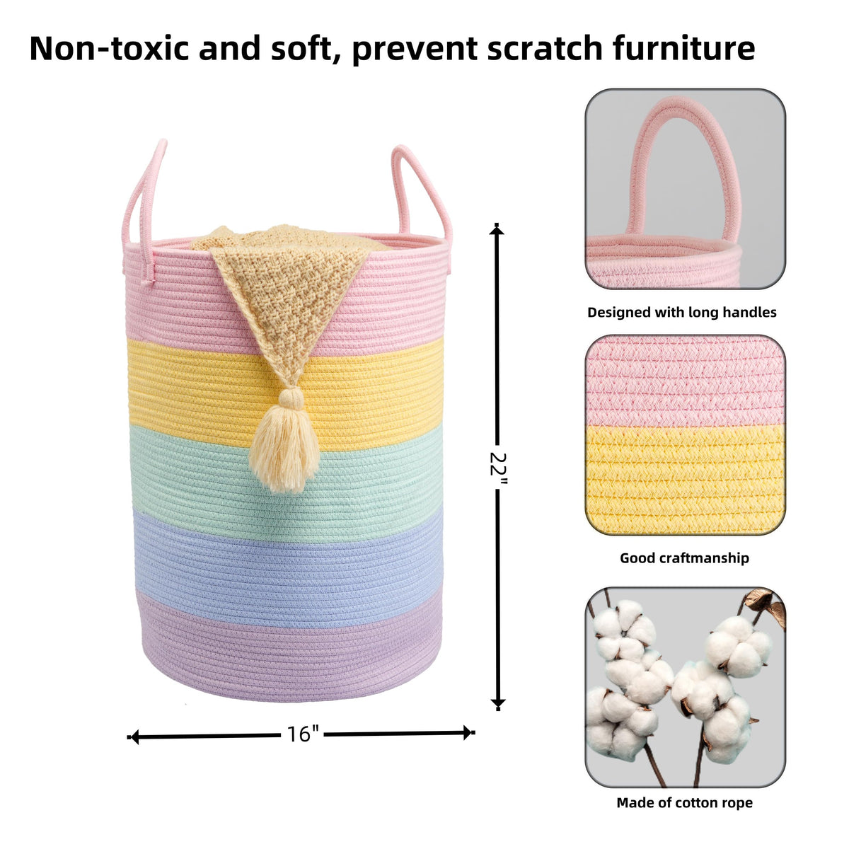 Rope Laundry Basket Hamper for Kids Girl Large, rainbow