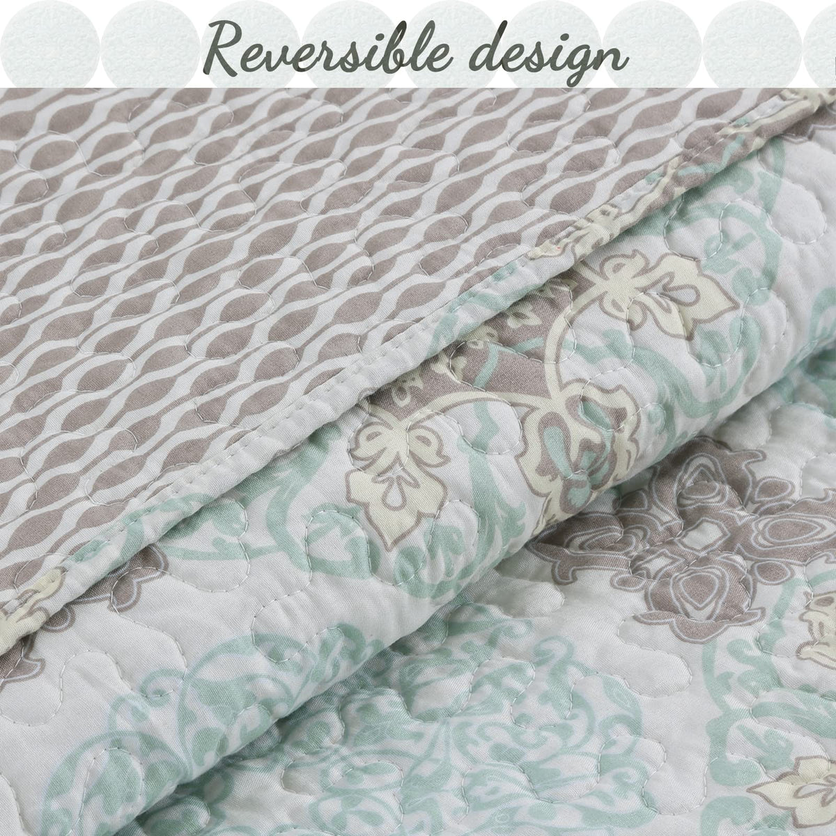 Mint Grey Modern Medallion Damask Reversible Quilt Bedding Set, Lightweight Bedspread Coverlet for All Seasons (Aqua