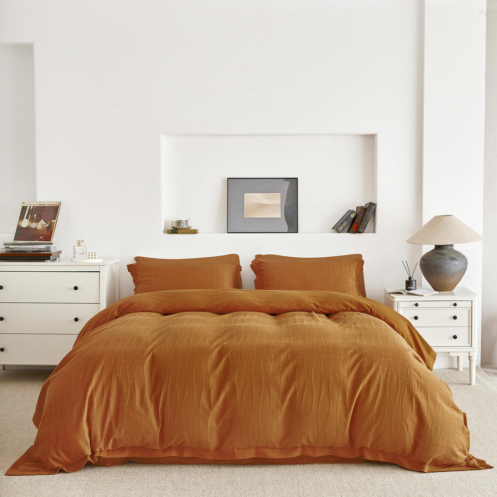 Duvet Cover Queen Size 100% Cotton 3 Pcs Set 1 Jacquard Plaid Duvet Cover with Zipper Ties 2 Pillow Shams Burnt