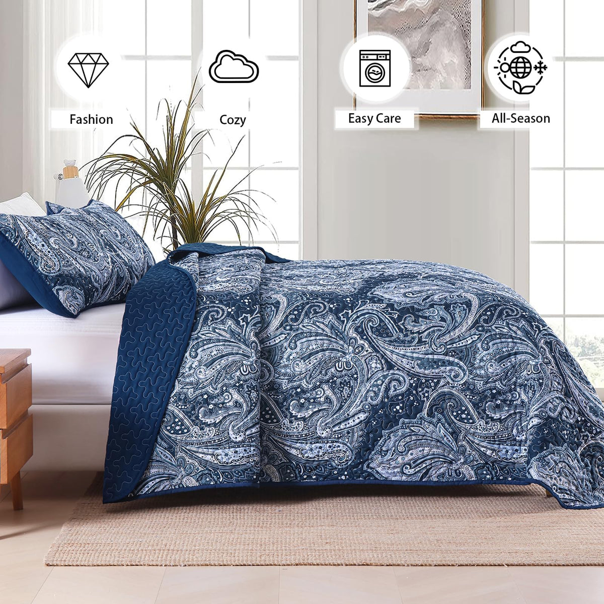 Navy Paisley Quilt Set, Boho Bedspread Coverlet
