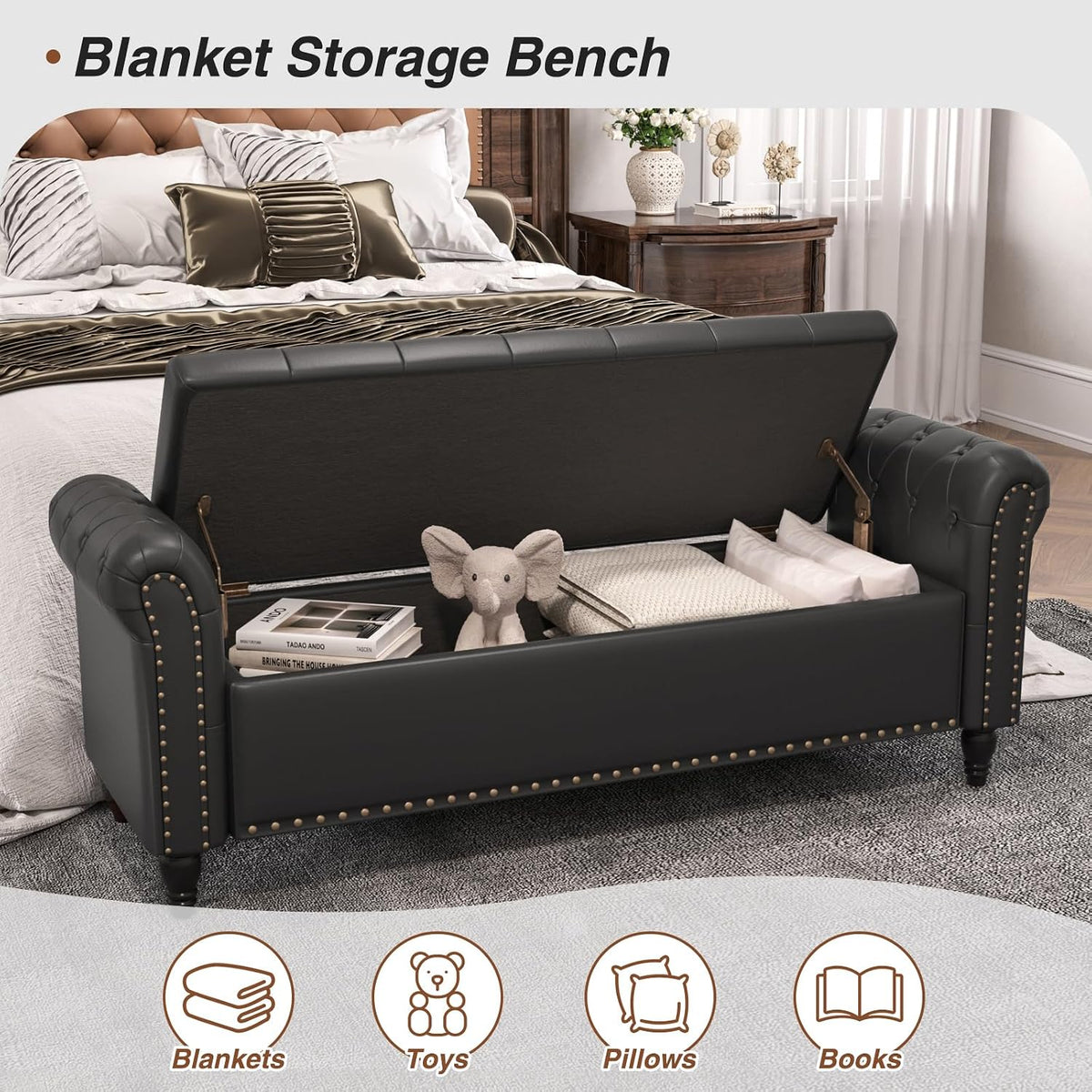 65" Bedroom Bench, End of Bed Bench with Storage, Black