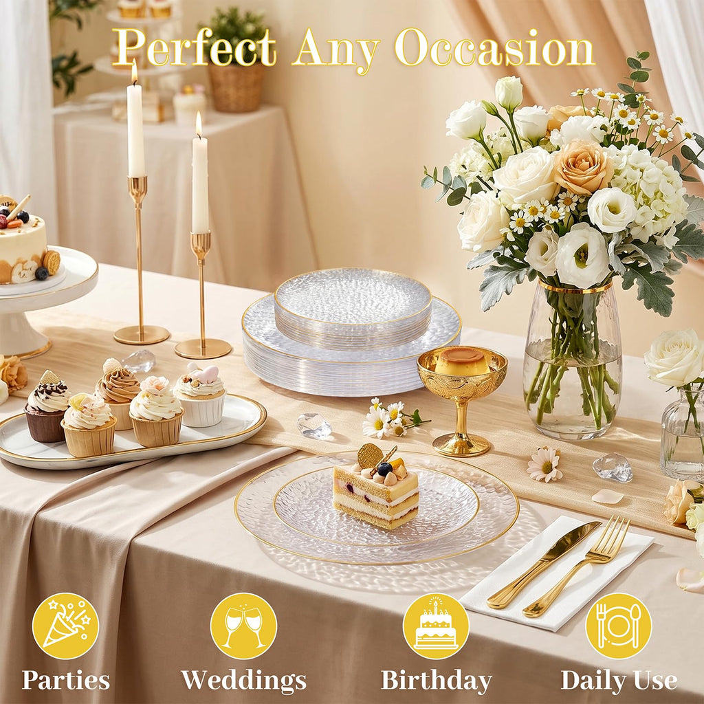60Pcs Clear Plastic Plates, Clear Disposable Plates With Gold Rim, Heavy-duty Gold Plates, Hammered Party Plates Include