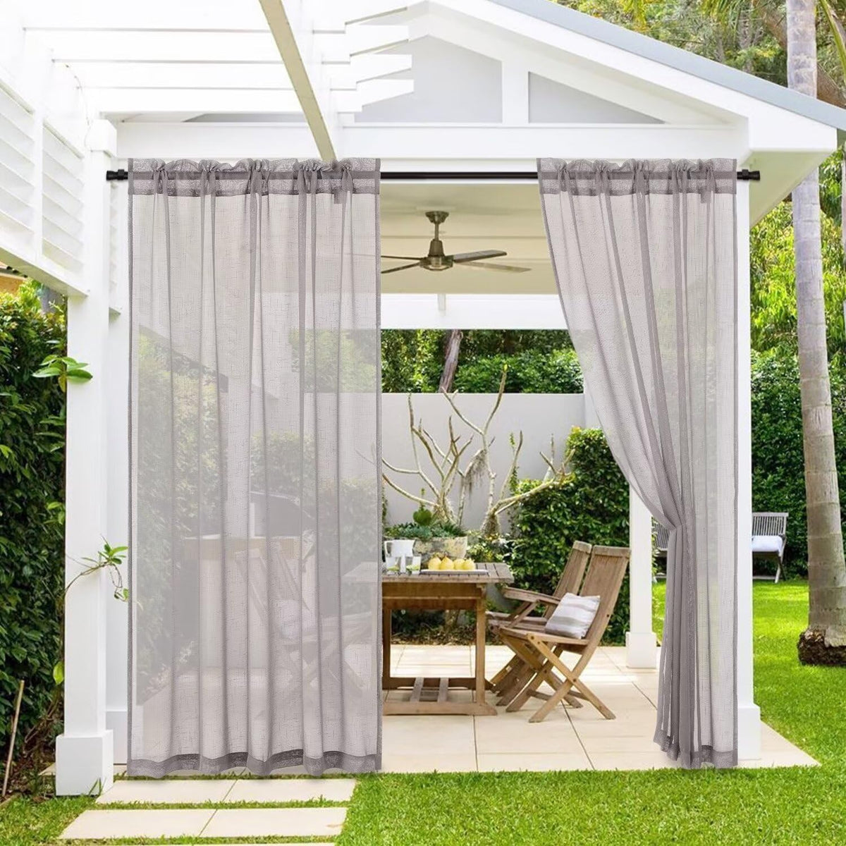 Outdoor Linen Sheer Curtains Waterproof, 2 Panels Rod Pocket Indoor/Outdoor Sheer Curtain for Pergola, Porch, Cabana