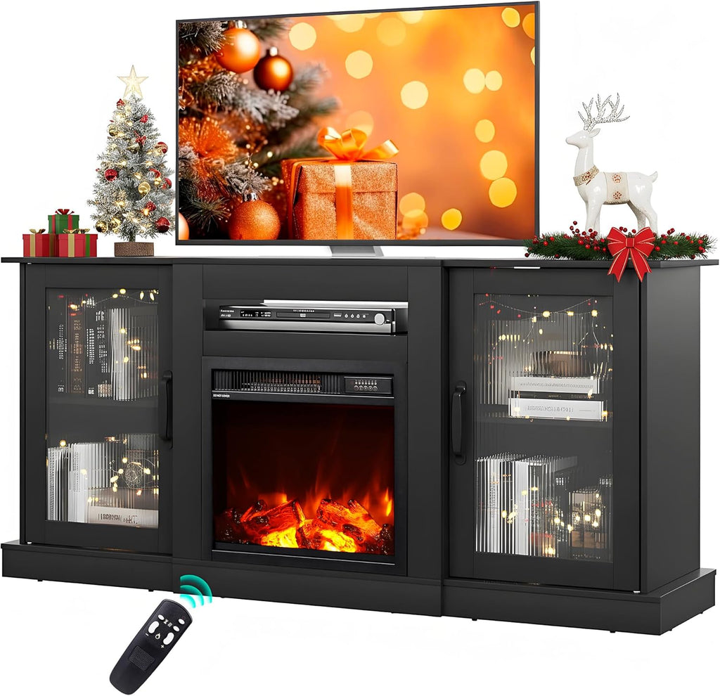 Fireplace TV Stand for TVs up to 65 Inches, Entertainment Center with 3D Realistic Flame Electric Fireplace and Open Shelves, Black