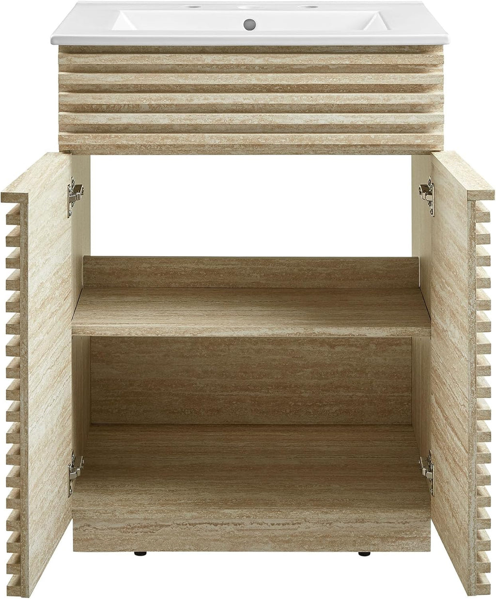24-Inch Bathroom Vanity with Sink Combo – Faux Travertine Slatted Design, Mid-Century Modern Cabinet with Soft-Close Doors, White