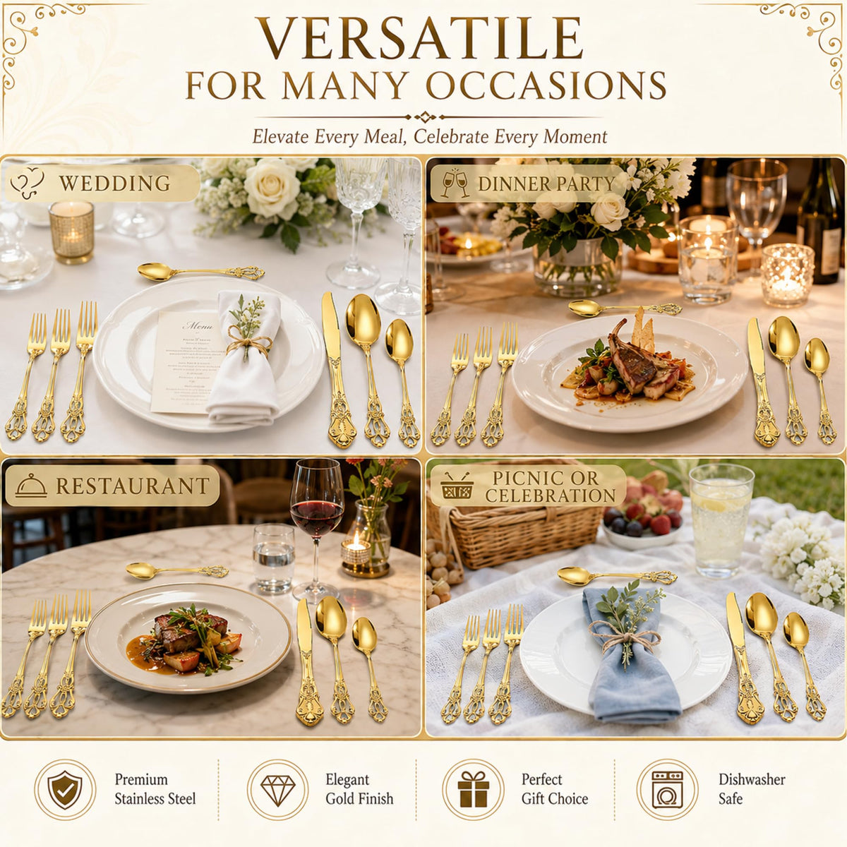 40 Pcs Gold Stainless Steel Flatware Set, Retro Vintage Silverware with Forks Spoons Knives Mirror Polished Cutlery