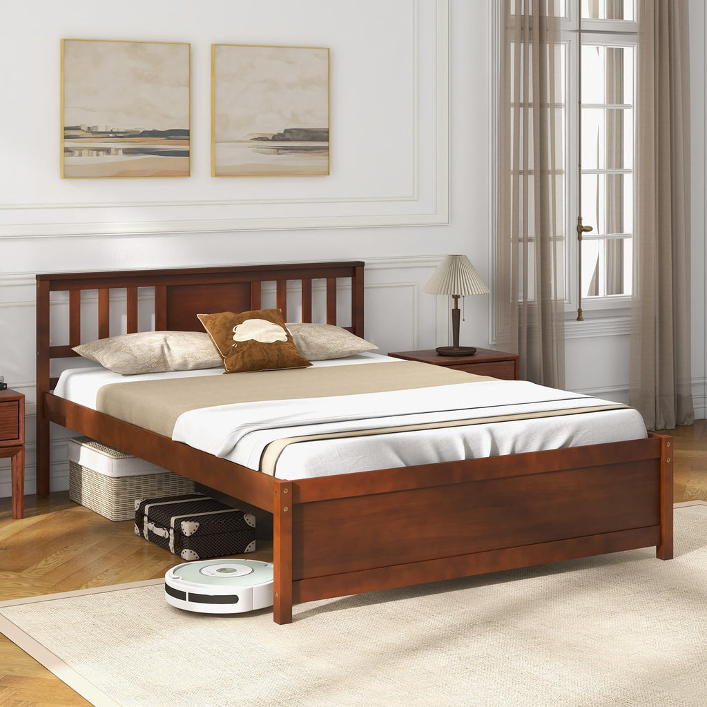 Full Size Solid Wood Platform Bed Frame, Mid Century Full Bed Frame with Headboard, Wood Slat Support, Double Panel