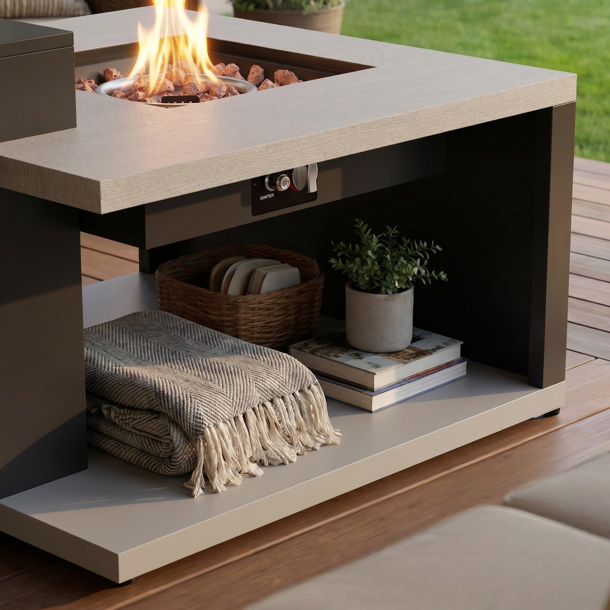 Rectangular Outdoor Fire Table with Propane Tank Cabinet, Aluminum Alloy Fire Pit Table Grey & Black 40.1"W
