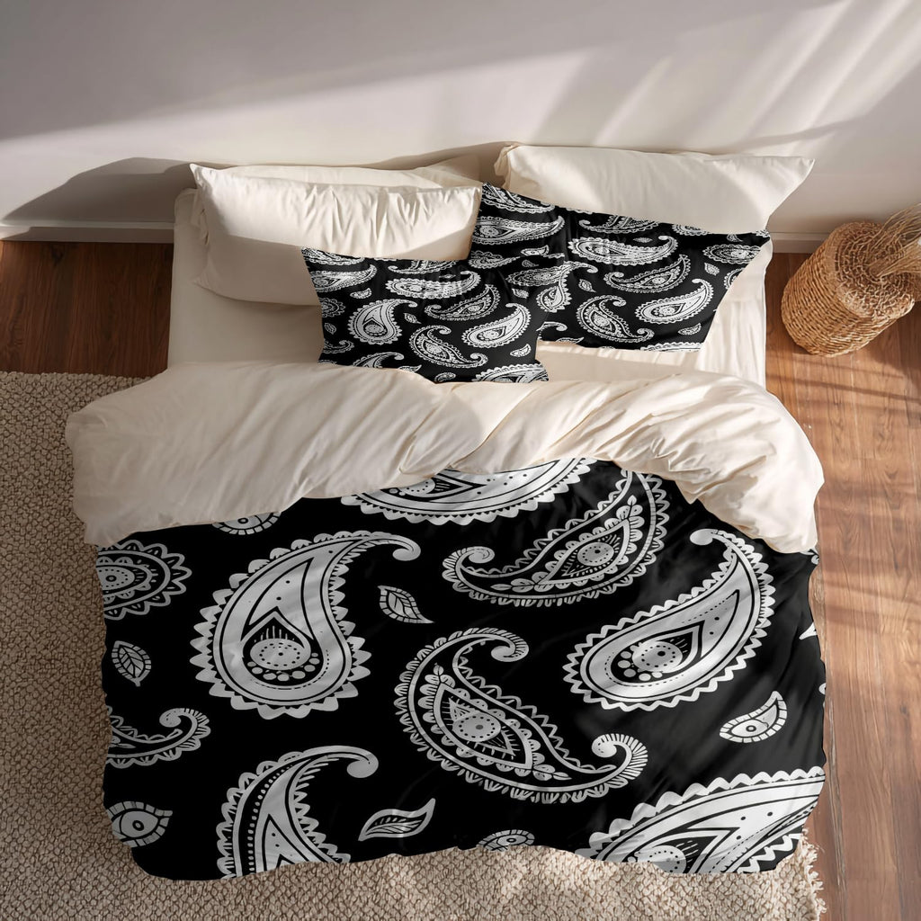 Black Paisley Floral Duvet Cover Set, 3 Pieces Bandana Silk Neck Scarf Kerchief 100% Cotton Bedding Set