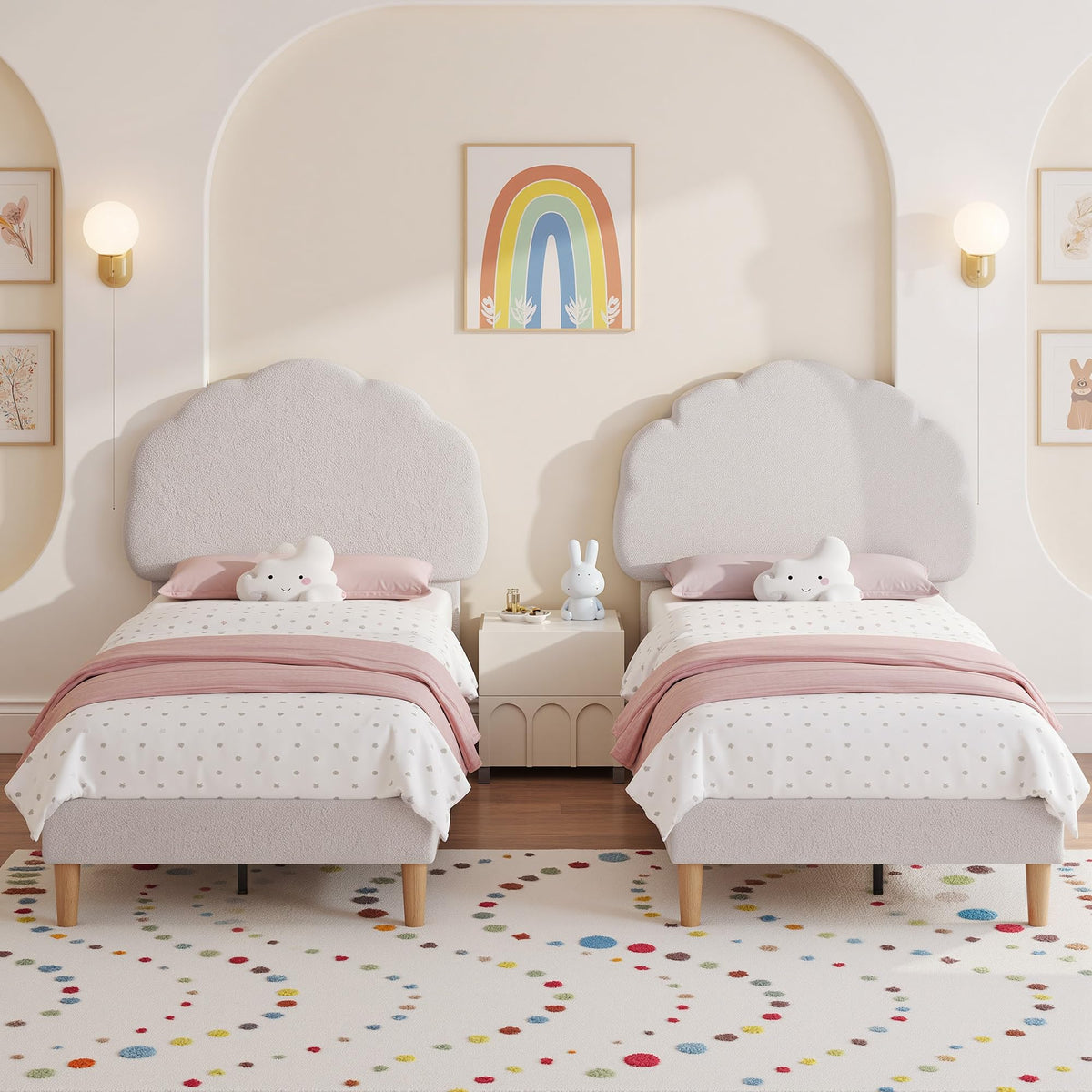 Twin Size Bed Frame Set of 2, Upholstered Platform Bedframe with Height Adjustable Plush Fabric Headboard, Strong
