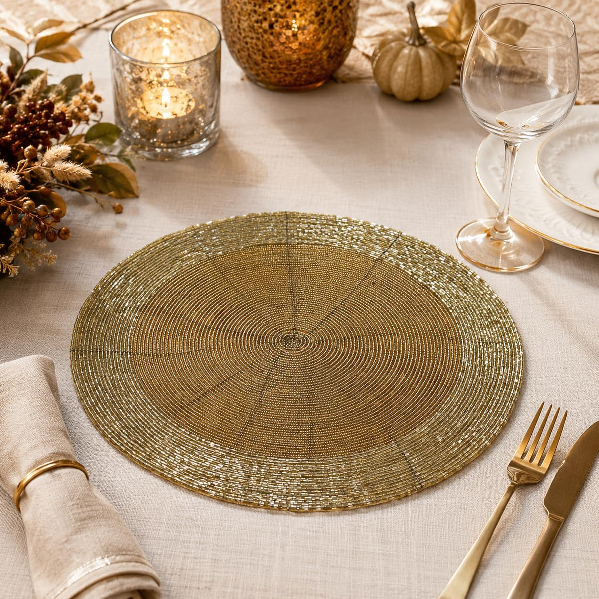 Beaded Round placemate Gold Tonal Charger Placemats, Set of 4 13-Inch Round