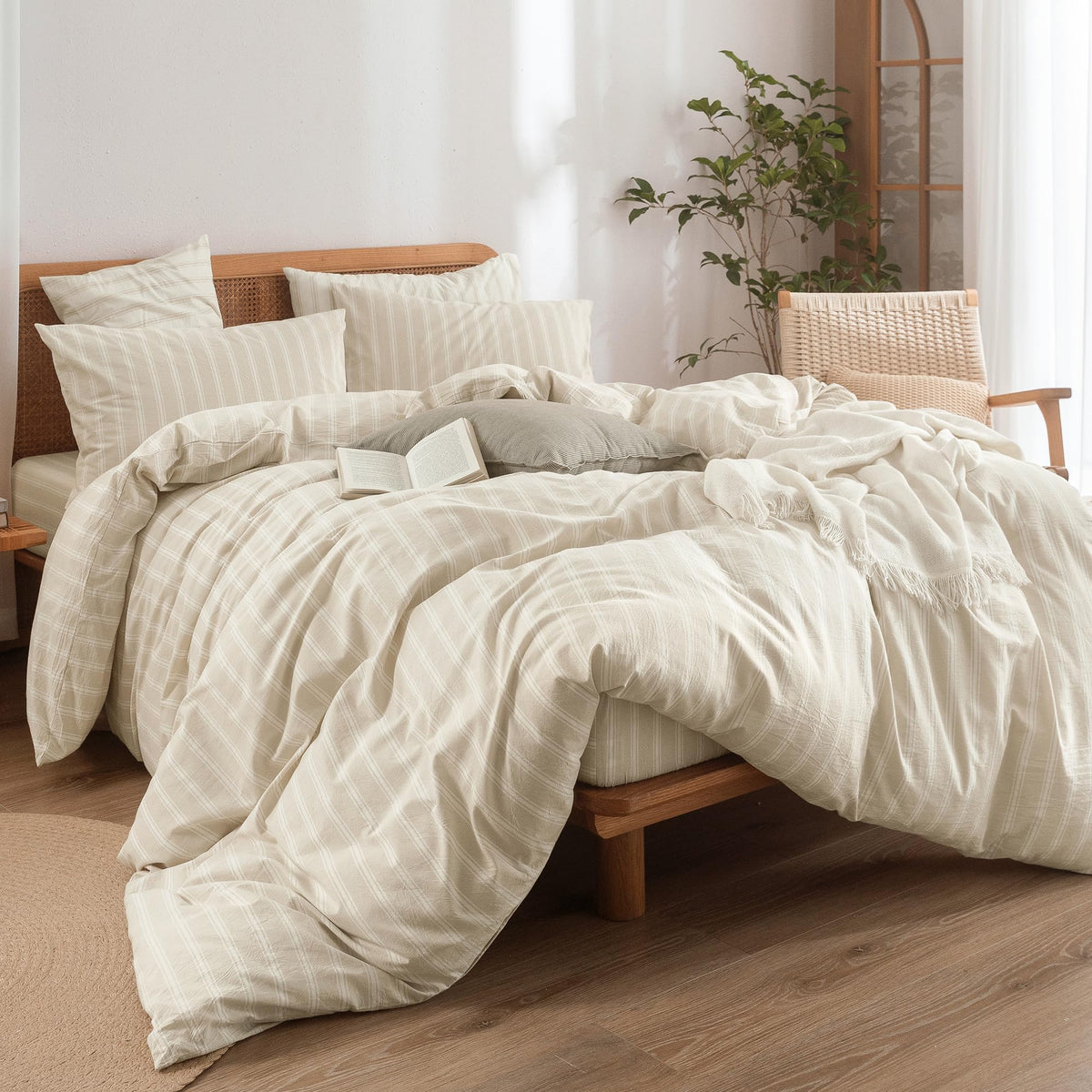 Striped Cotton Duvet Cover Set Linen Feel Super