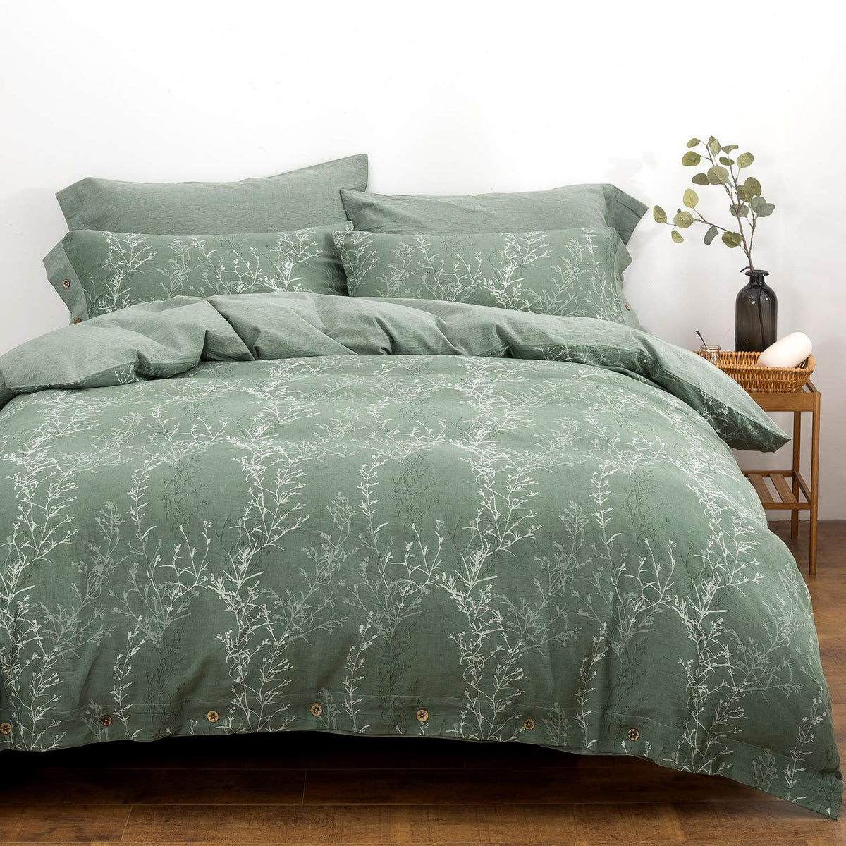 Duvet Cover Set King Size Washed Cotton Yarn, Jacquard Green and White Thin Branch Pattern Floral Style 3Piece