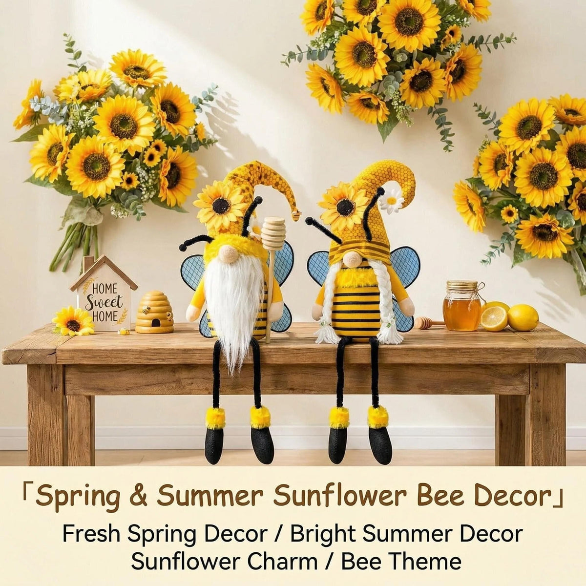 Spring Decorations, Indoor - Yellow Honey Bumble Bee Sunflower Plush Gnomes Doll - Summer Gifts for Women - Bee