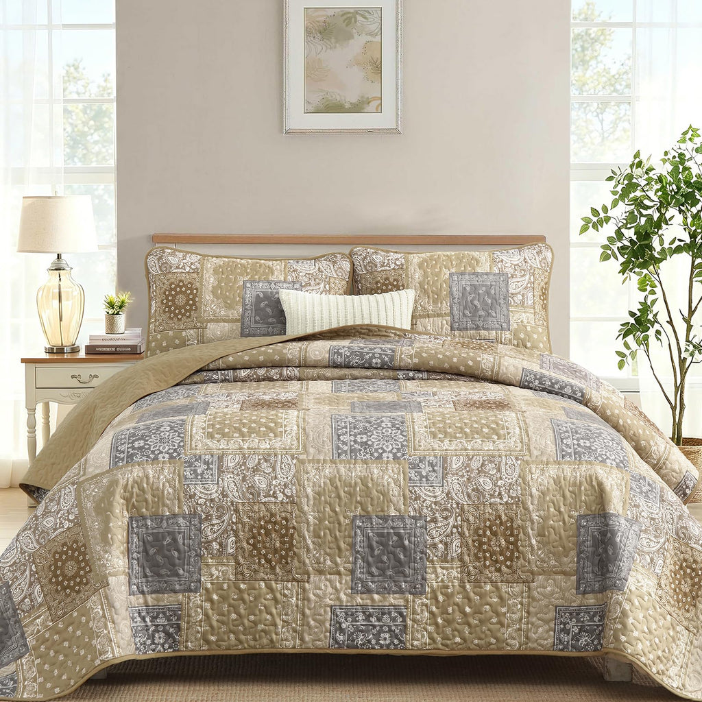 Boho Quilt Set, Beige Plaid Floral Bedspread Coverlet Set