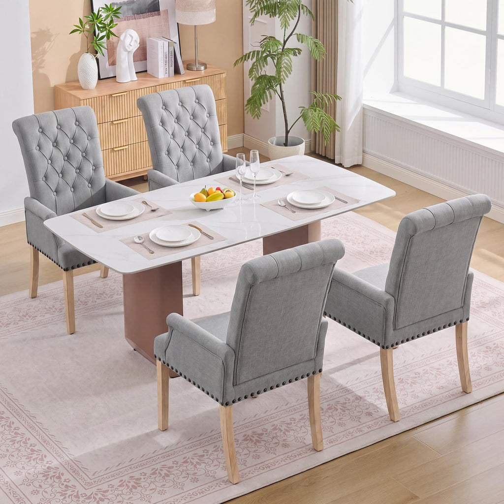 With Arms, Linen High Back Dining Room Chair, Light Grey
