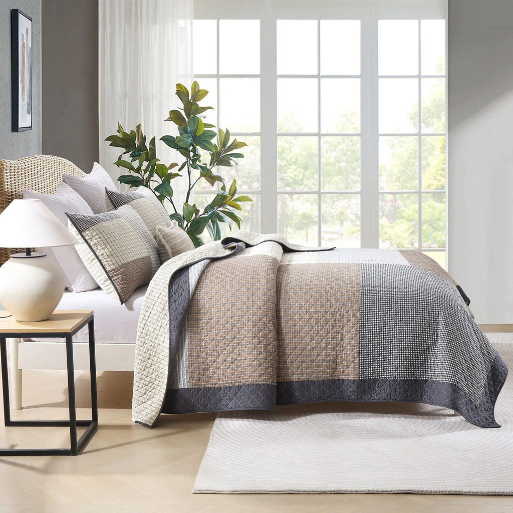 Quilt 100% Cotton Lightweight Soft Quilt Real Patchwork Plaid Quilted Bedspread Brown Beige Gray