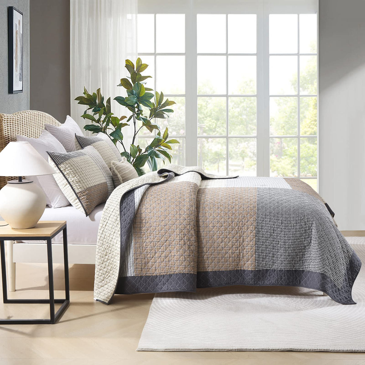 Quilt 100% Cotton Lightweight Soft Quilt Real Patchwork Plaid Quilted Bedspread Brown Beige Gray