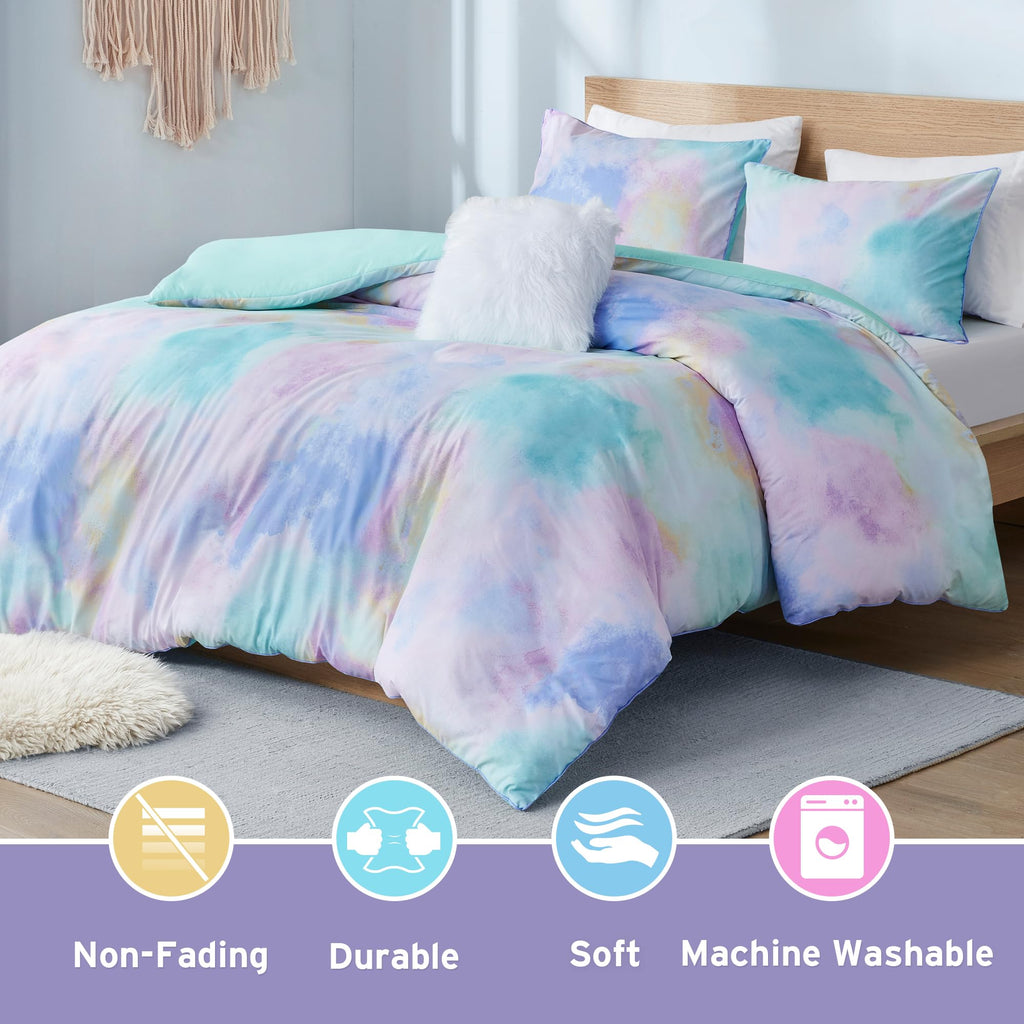 Boho Watercolor Tie Dye Aqua King Duvet Cover Set, 4pc