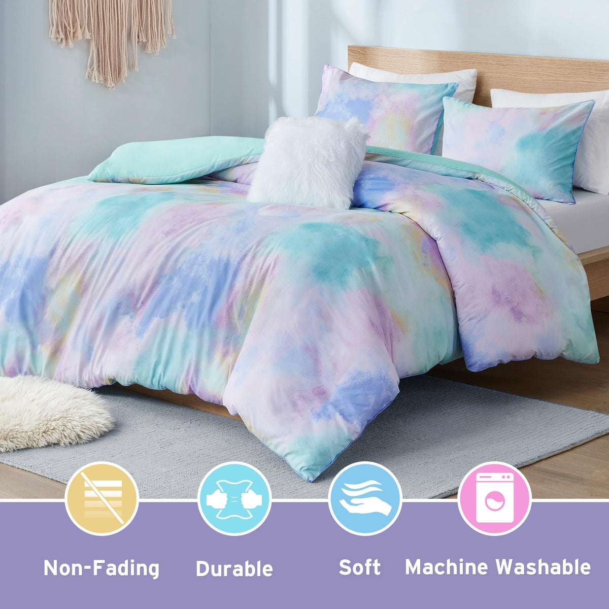Boho Watercolor Tie Dye Aqua King Duvet Cover Set, 4pc