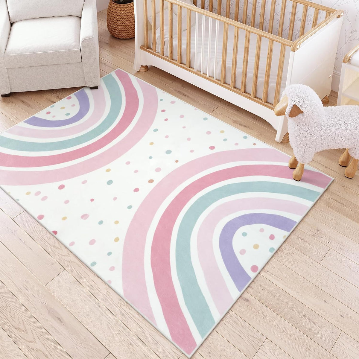 Washable Rainbow Rug for Girls Bedroom, Soft Polka Dot Pink Rug for Girls Room Nursery, Non-Slip Large Kids