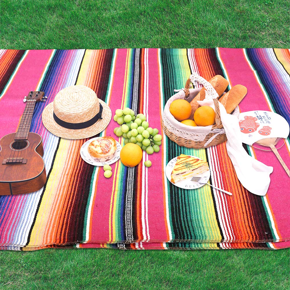 Mexican Serape Blanket, 84 X 59 Inch, Cotton, Rectangular, Rose Pink, Tablecloth, All-Season, Tassel