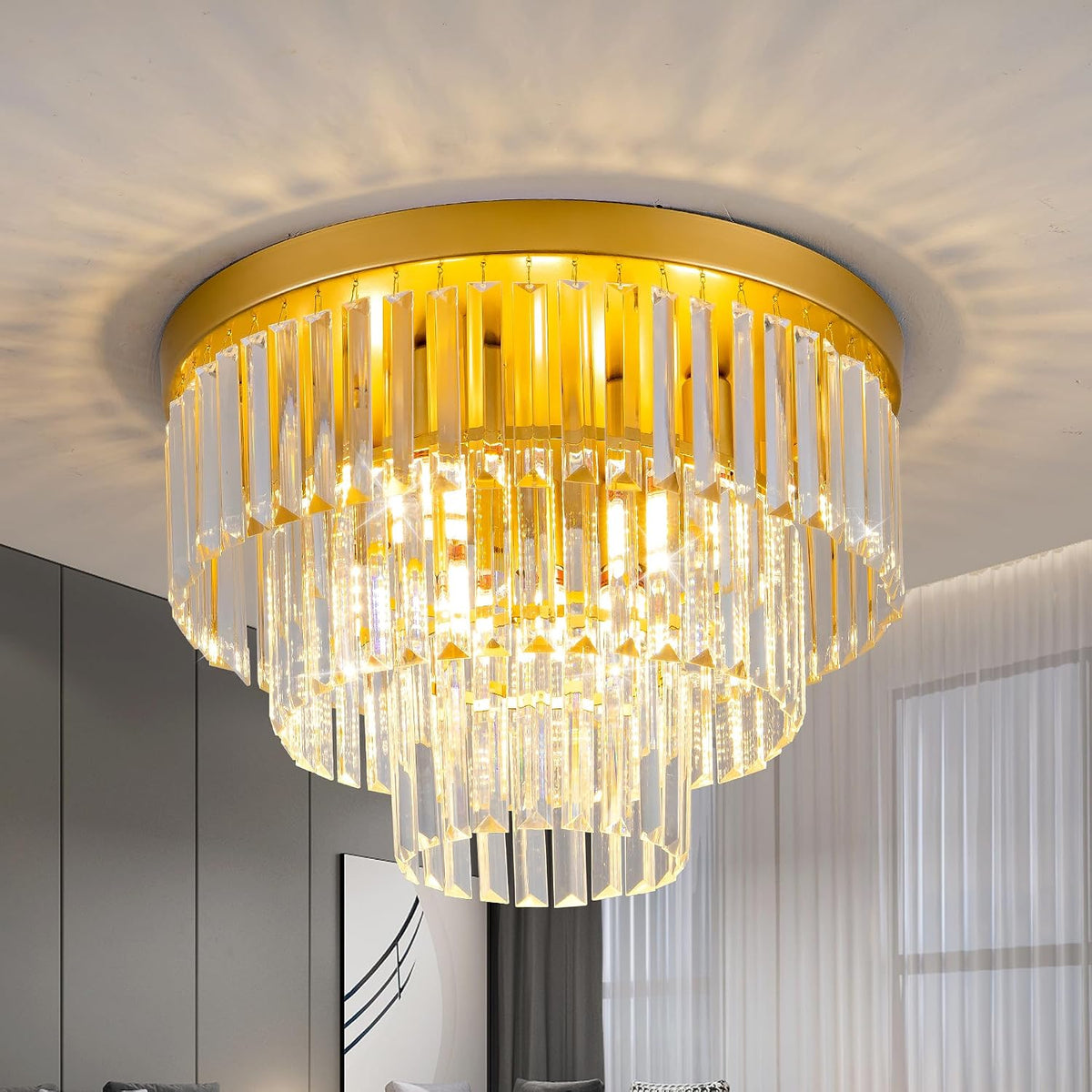 17-Inch Gold K9 Crystal Ceiling Light, Luxury Flush Mount for Bedrooms
