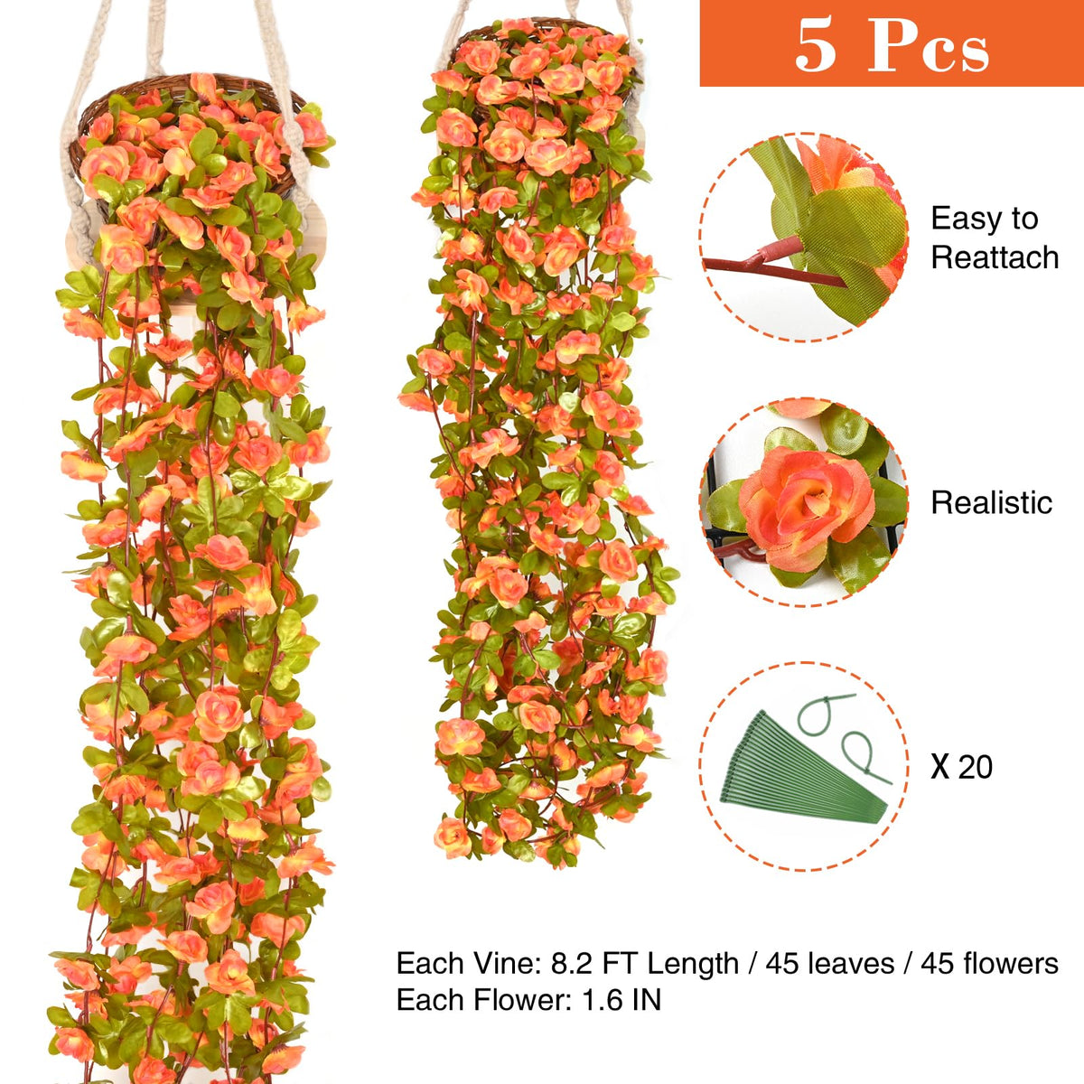 5Pcs 41Ft Fake Flower Garland Artificial Rose Vines