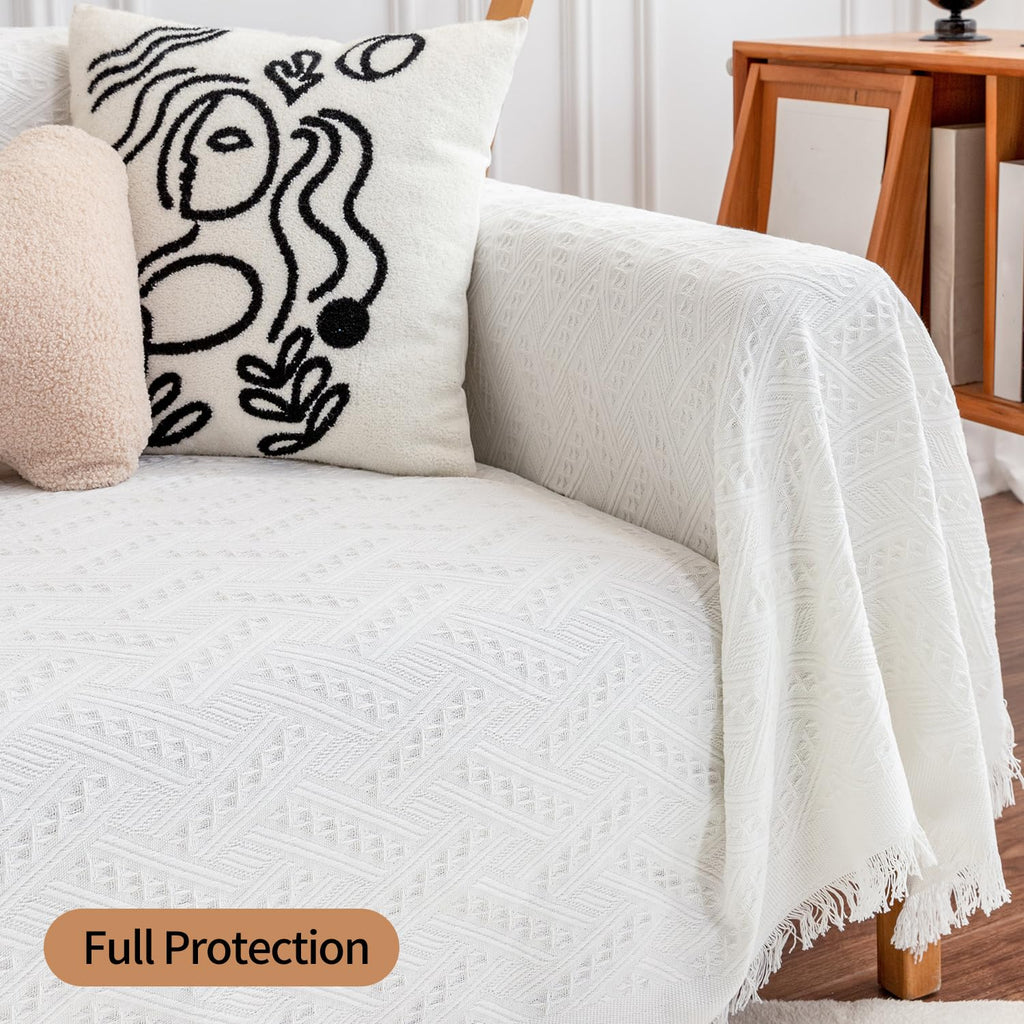 Sectional Couch Cover - Geometrical Jacquard Fabric Sofa Cover for 3 Cushion Couch, Dogs - Medium, 71" x 91", White
