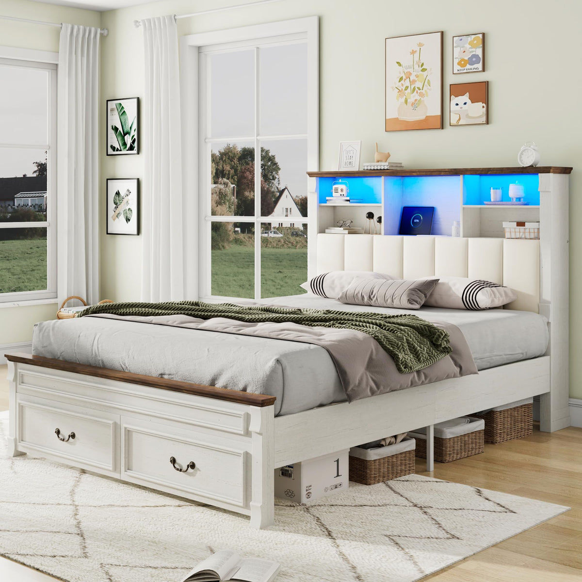 Farmhouse Bed Frame with 51" Tall Headboard, 2 Drawers, Antique White
