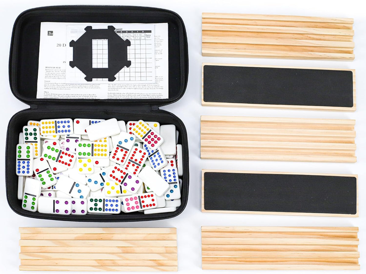 Double 12 Jumbo Dominoes Tiles Set for Adults Mexican Train - 91 Colored Dot Domino Tiles with 4 Wooden Racks, Center - Set of 91