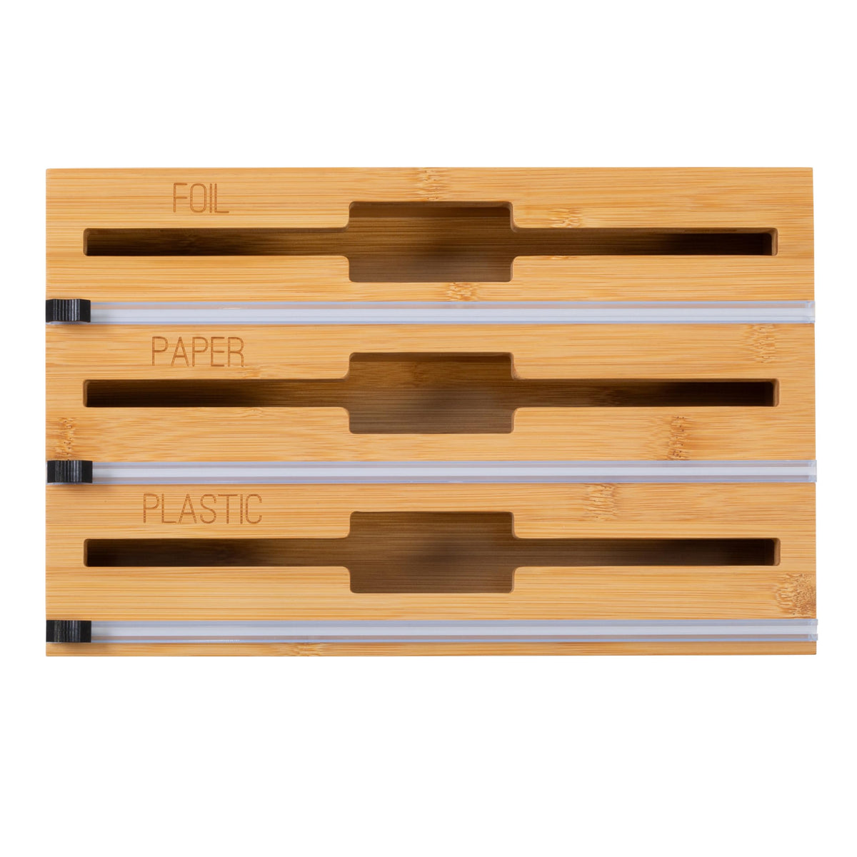 Bamboo Wrap Organizer with Safety Cutter - 3-in-1 Drawer Holder for Aluminum Foil, Wax & Parchment Paper, and Plastic