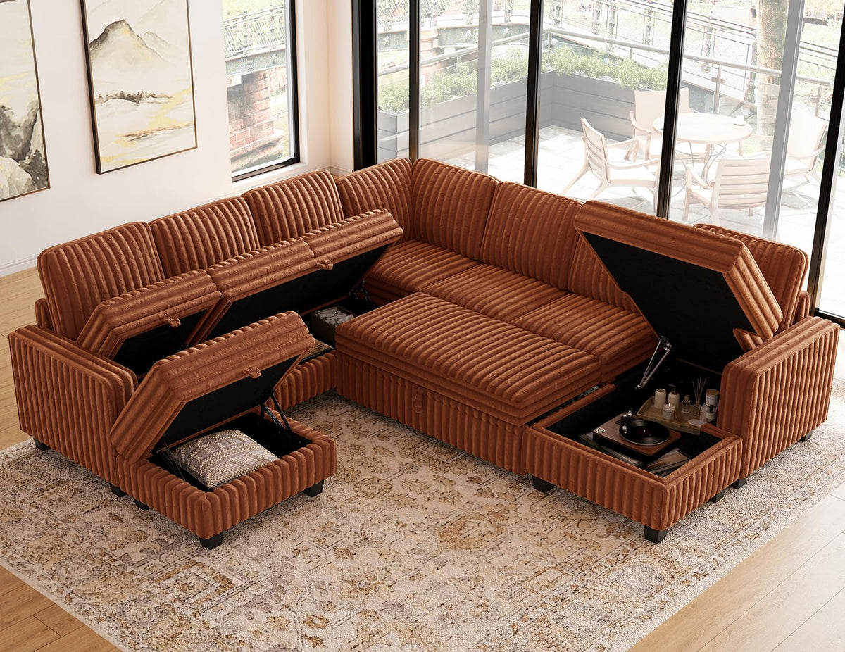 Oversized Sofa Bed Modular Sectional Sleeper Sofa with Pull Out Bed L Shaped Couch with Storage Chaise Brick Red Couch