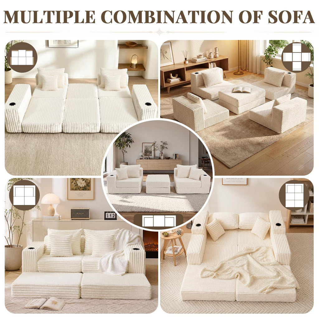 80" Cloud Modular Sectional Sofa, Boneless Corduroy Couch Sofa with Cup Holders & Side Pockets, L-Shaped Couch with
