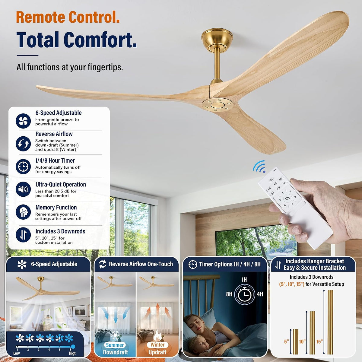 Inspired Maverick Style 72" Ceiling Fan No Light, 3 Solid Wood Blades, Brass Gold Motor, Quiet Reversible DC Motor with Remote Control