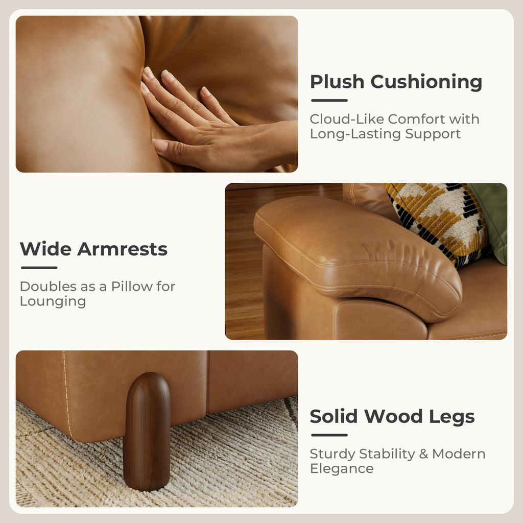 Cloud Couch Sectional, 2 Seater with Console, Faux Leather in Brown