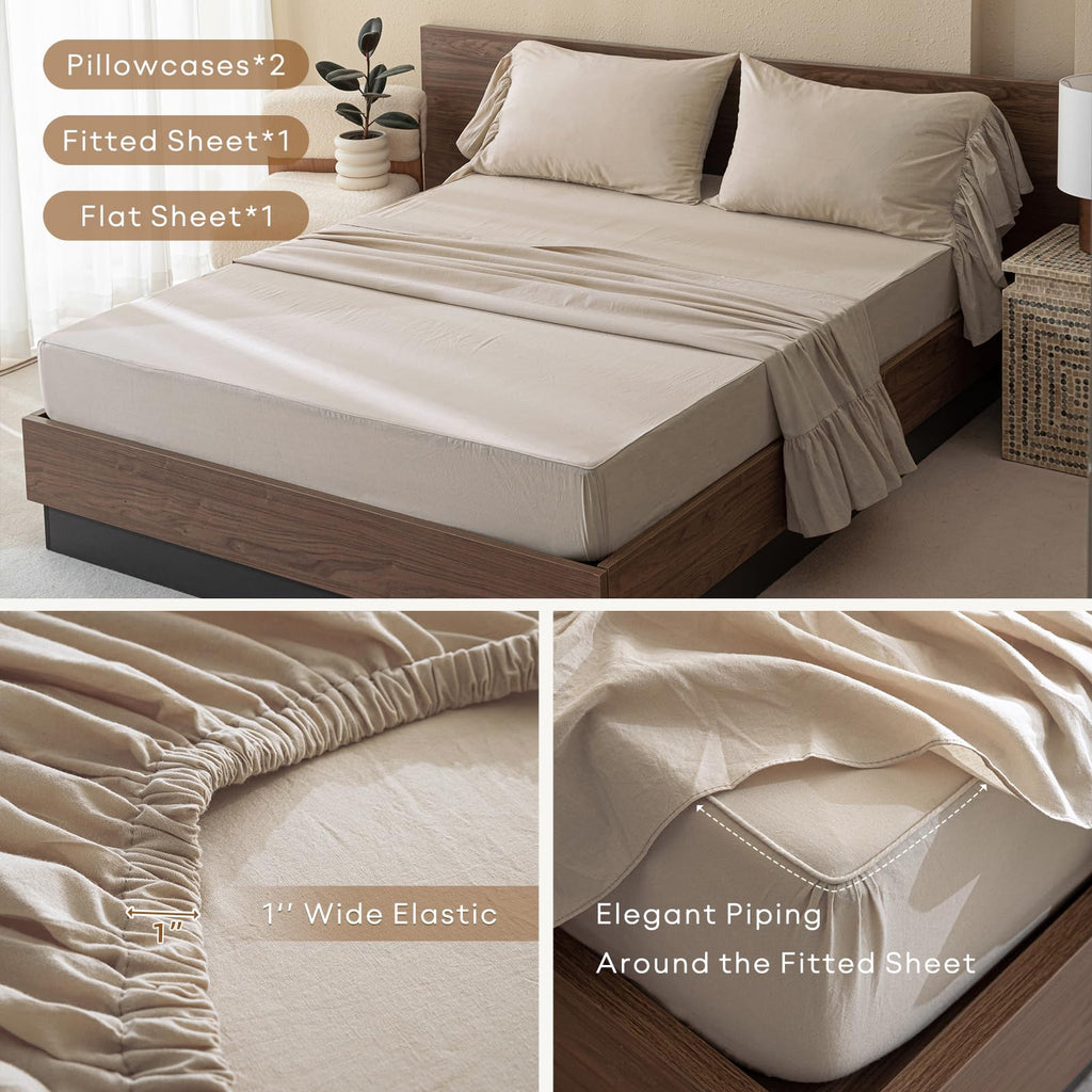 100% Cotton Sheet Set, Ruffle Bed Sheets Linen Feel Textured Farmhouse Shabby Vintage Chic Bedding 4 Pieces