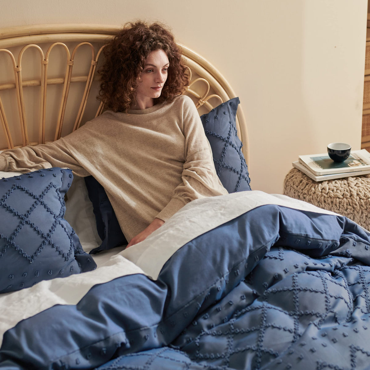 Navy Boho Duvet Cover, Soft Vintage Embroidery