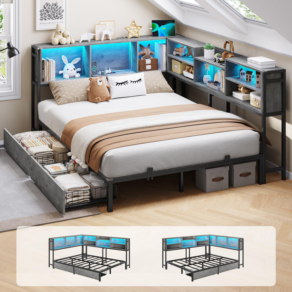 Corner Full Bed Frame with Bookcase Storage, 2 Drawers & Led Lights, Oak Gray