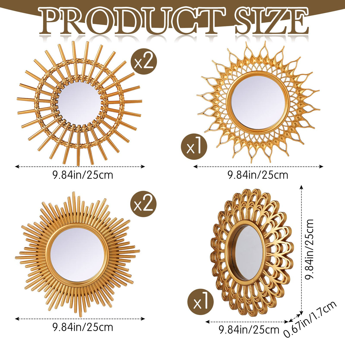 6 Pcs Sunburst Round Mirror for Wall Decor, Classic, Gold