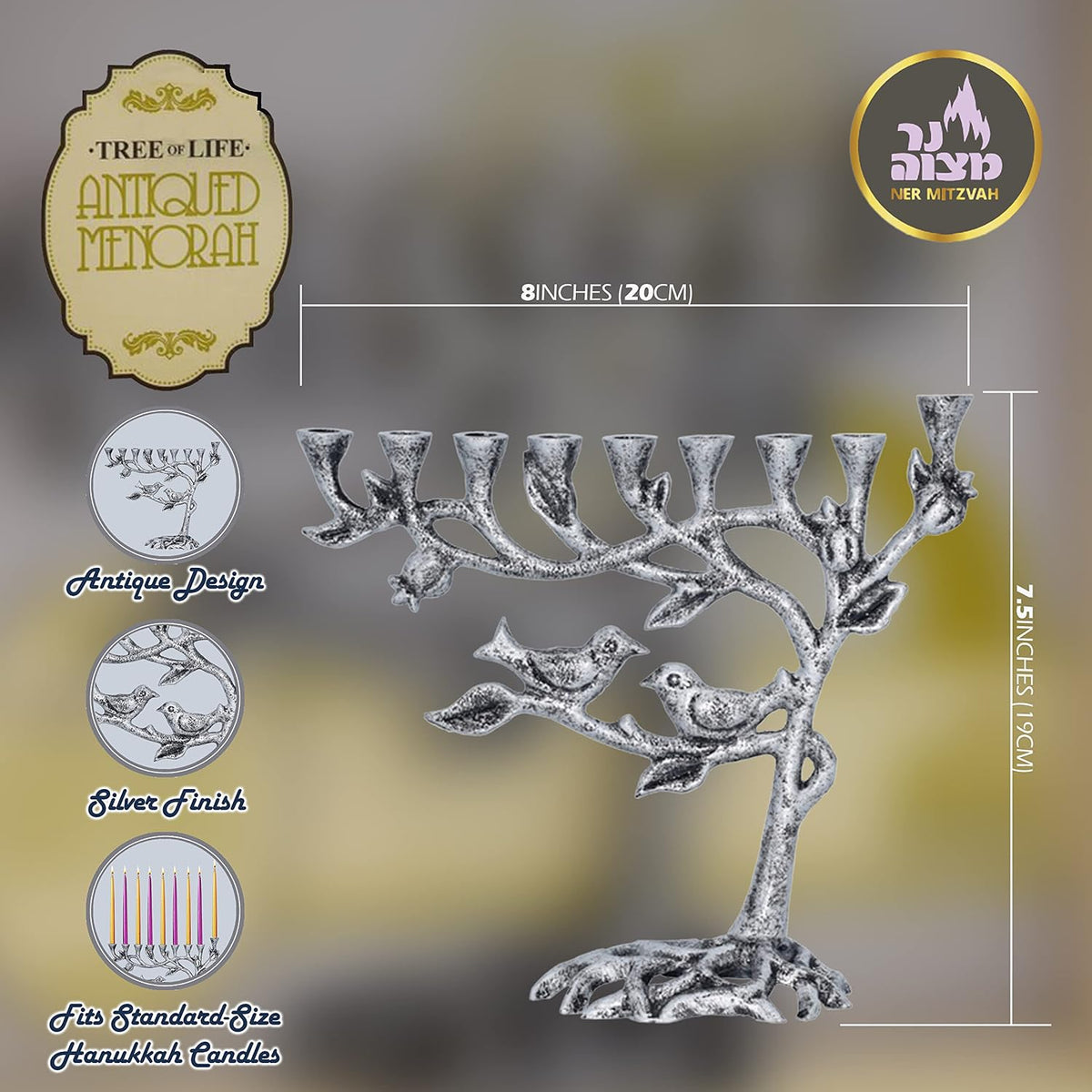 Tree of Life Menora for Chanuka - Fits All Standard Chanukah Candles - Artistic Candle Menorahs - Silver Hanukkah