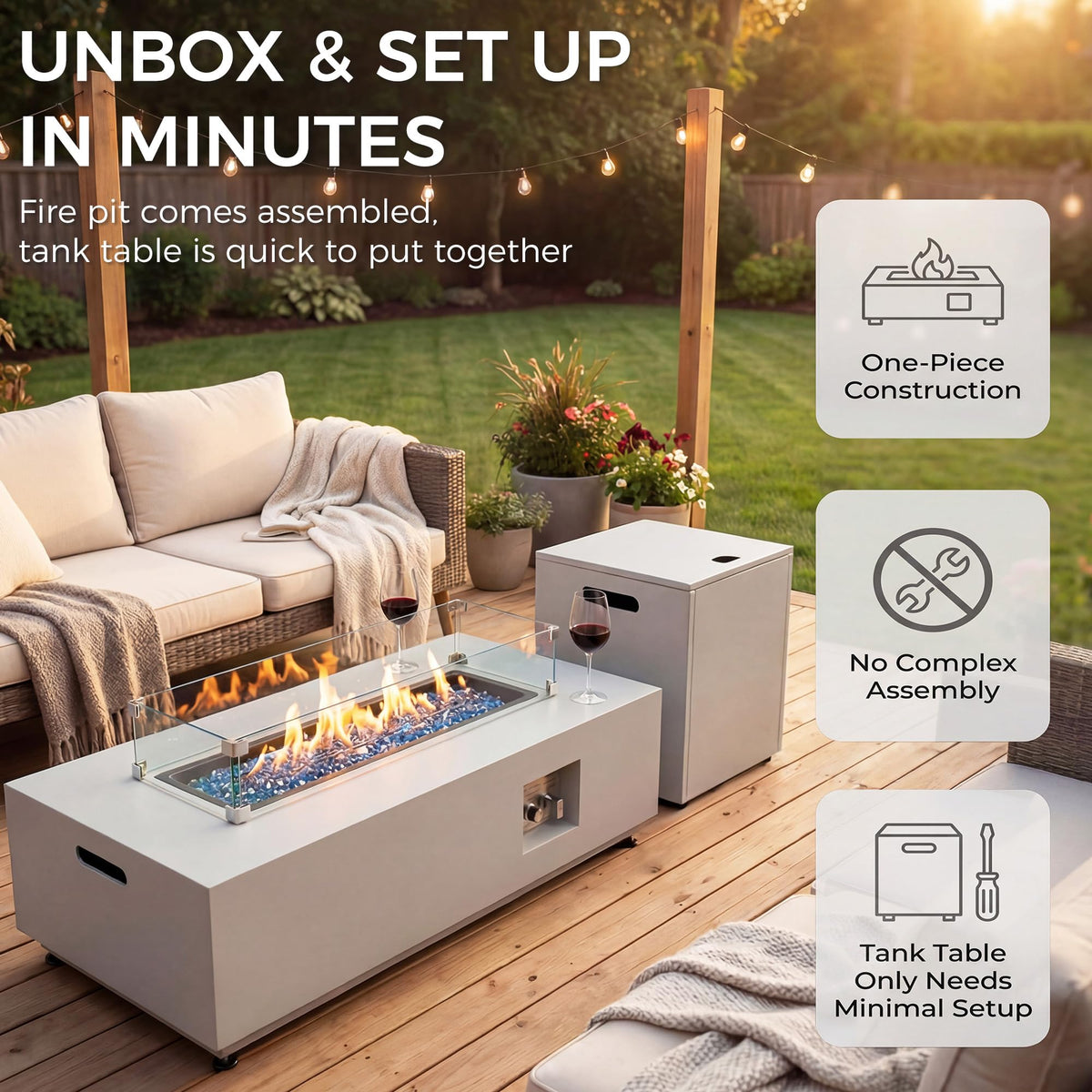 42 inch Rectangle Propane Fire Pit, Low-Profile Outdoor Fireplace with Hideaway Tank Table, 50, 000 BTU Modern Patio