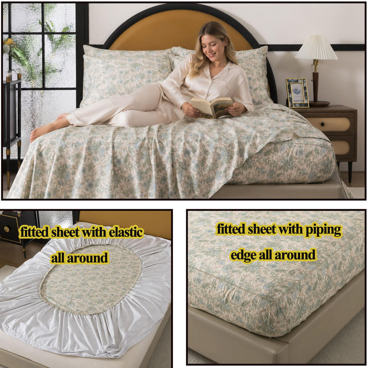 Sheets Set 100% Cotton, 4-Piece Shabby Paisley Floral Bedding Vintage Sage Green Paisley Bed Sheet Set